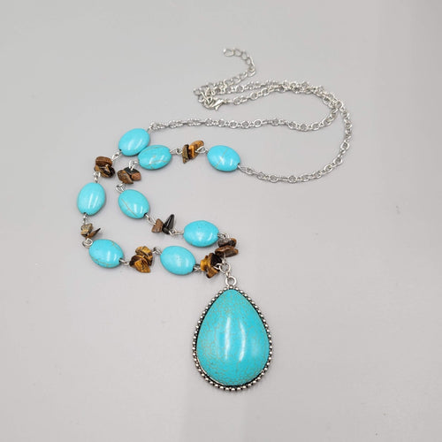 Blue Stone Bead Necklace Teardrop Pendant Silver tone 22"-25"