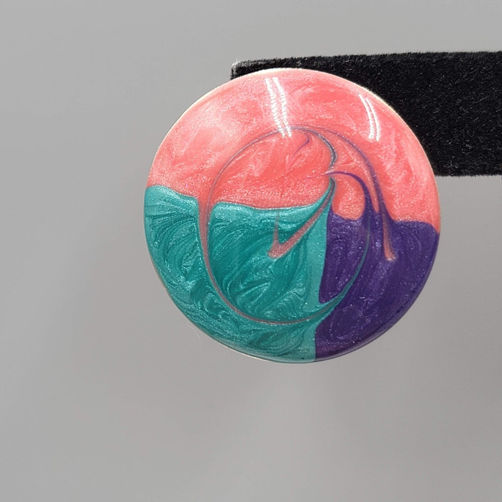 Vintage Round Enamel Pierced Earrings Pink Purple Teal Drop 1.25"