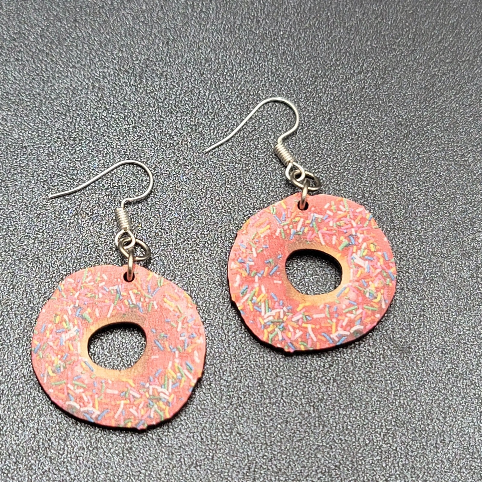 Pierced Earrings Pink Sprinkle Donuts Wood Dangle 1"