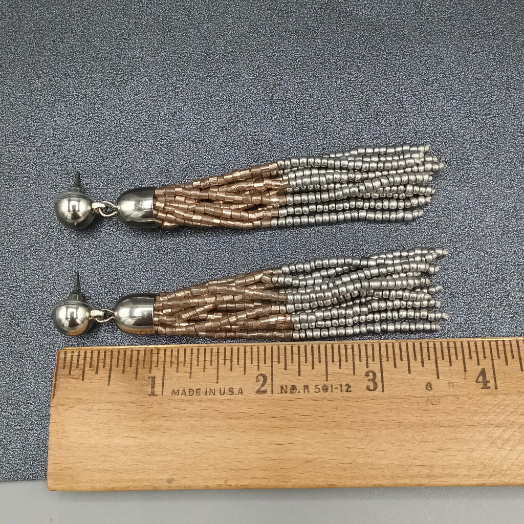 Pierced Earrings Gold and Silver tone Seed Bead Multi Strand Dangle 3.75"