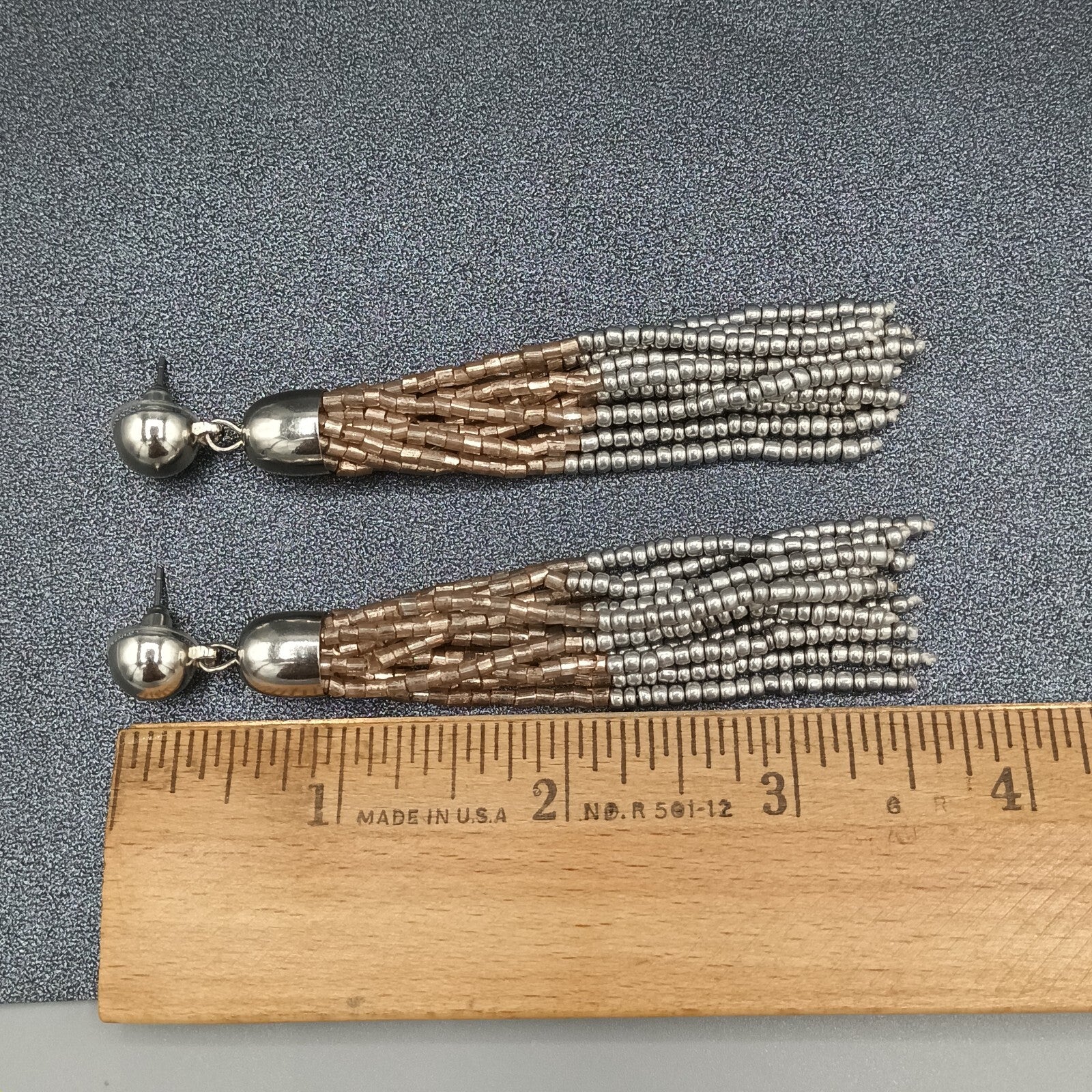 Pierced Earrings Gold and Silver tone Seed Bead Multi Strand Dangle 3.75"