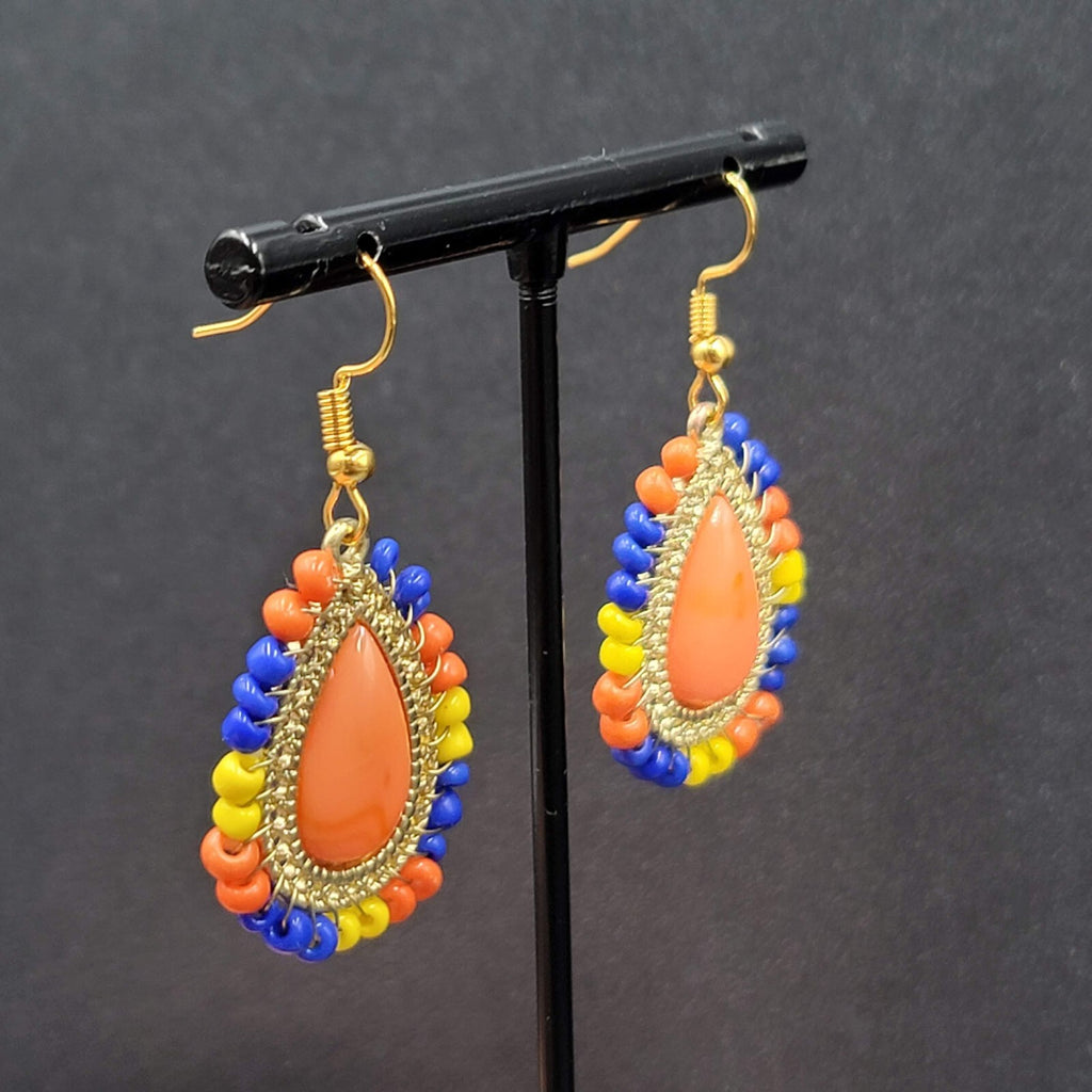 Pierced Earrings Gold tone Orange Teardrop Multicolor Beads 1 1/8"