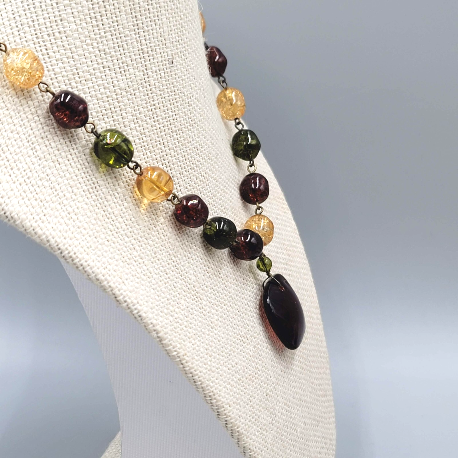 Monet Necklace Glass Bead Bronze tone Red Yellow Green 26"-28"