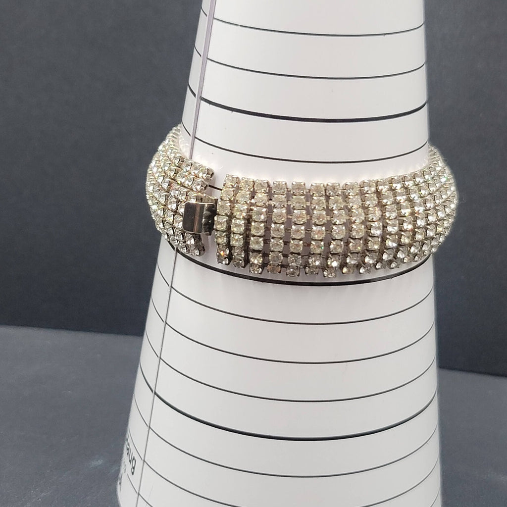 Vintage Wide Rhinestone Bracelet Silver tone 7 in