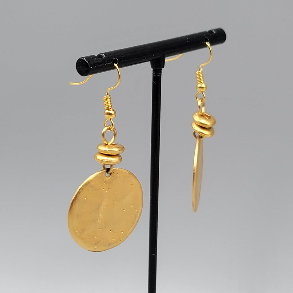 Round Pierced Earrings Yellow Gold Plated Dangle 1.5"