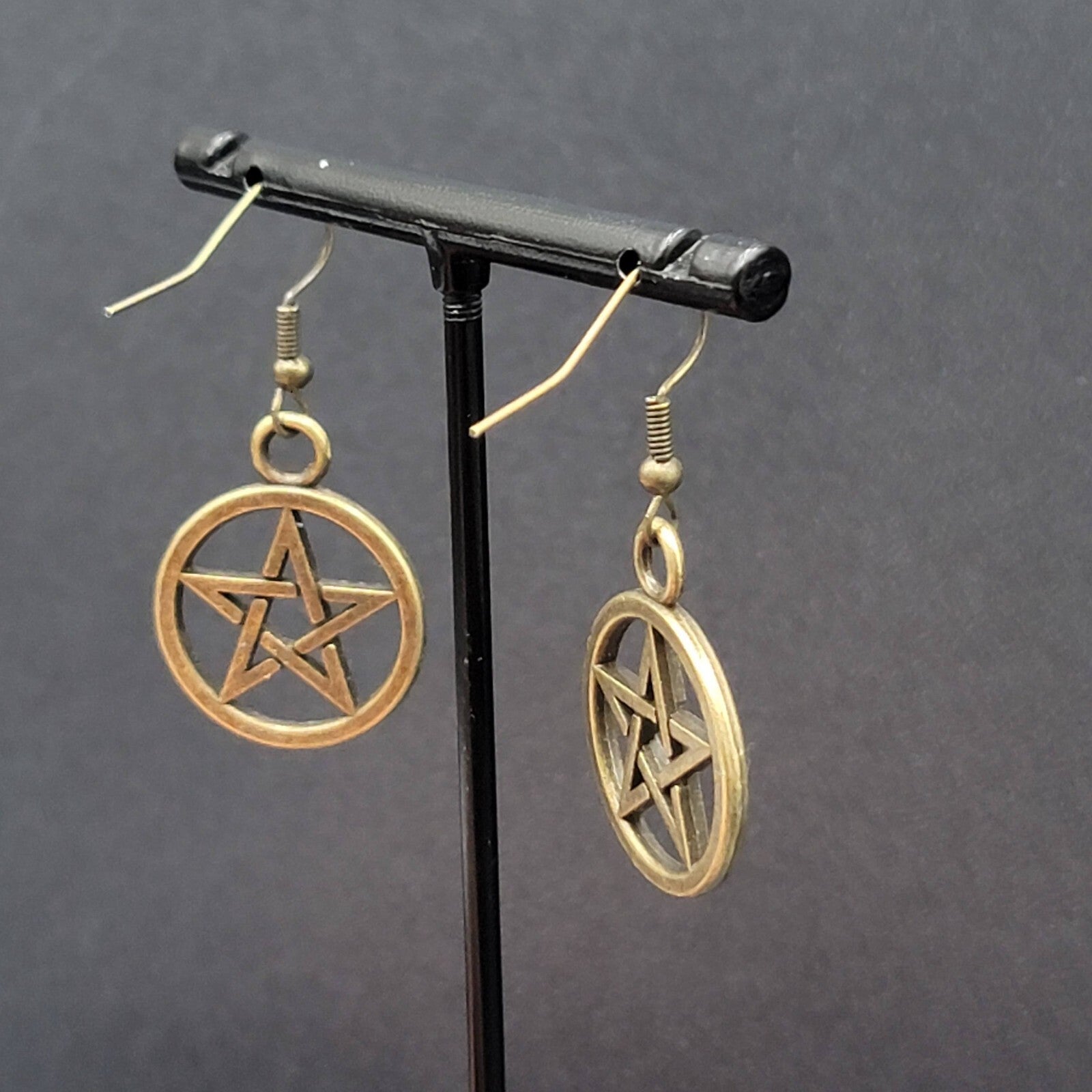 New Pentagram Pierced Earrings Pentacle Star Bronze tone Dangle 1"