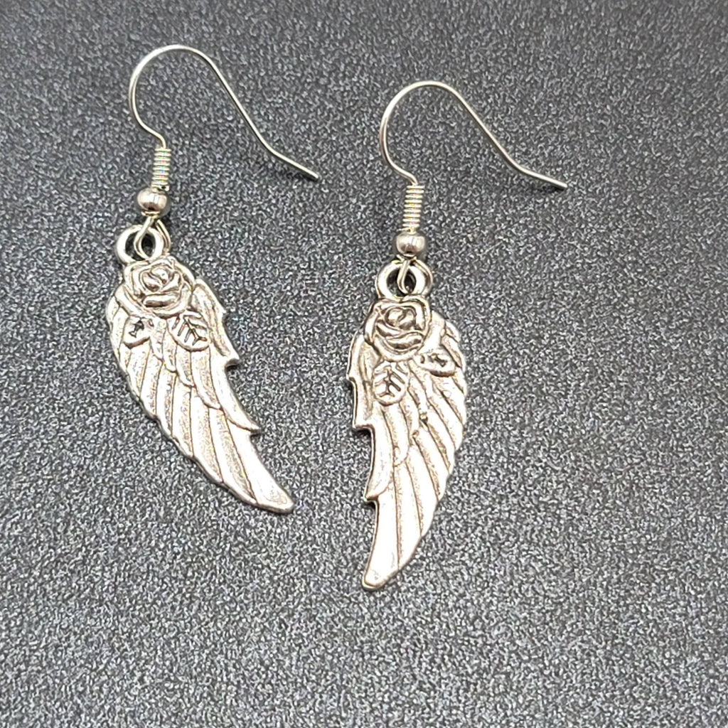 Wings Pierced Earrings Silver tone Rose Dangle 1 1/8"