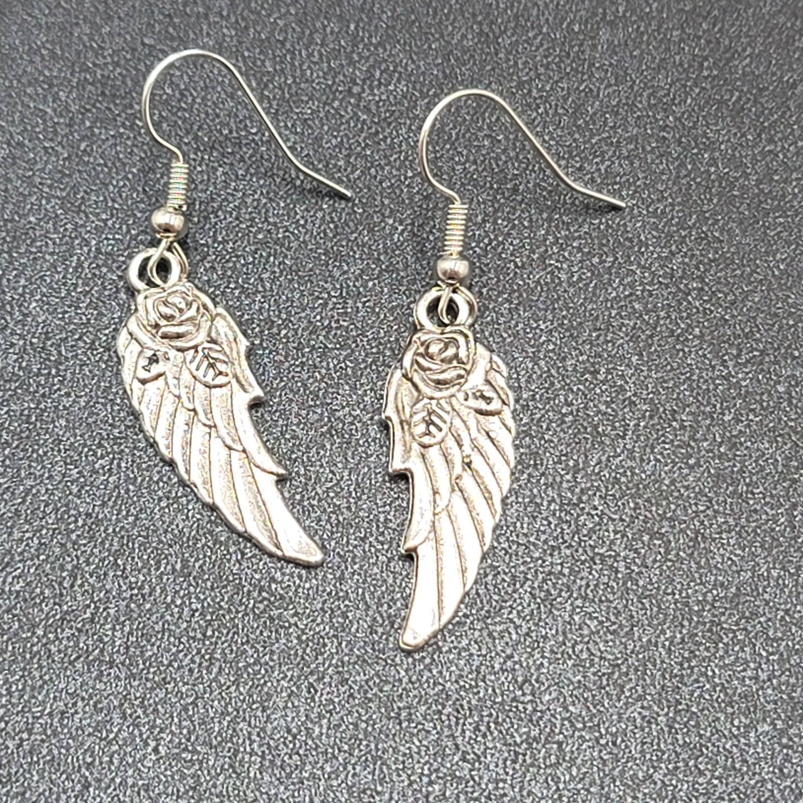 Wings Pierced Earrings Silver tone Rose Dangle 1 1/8"