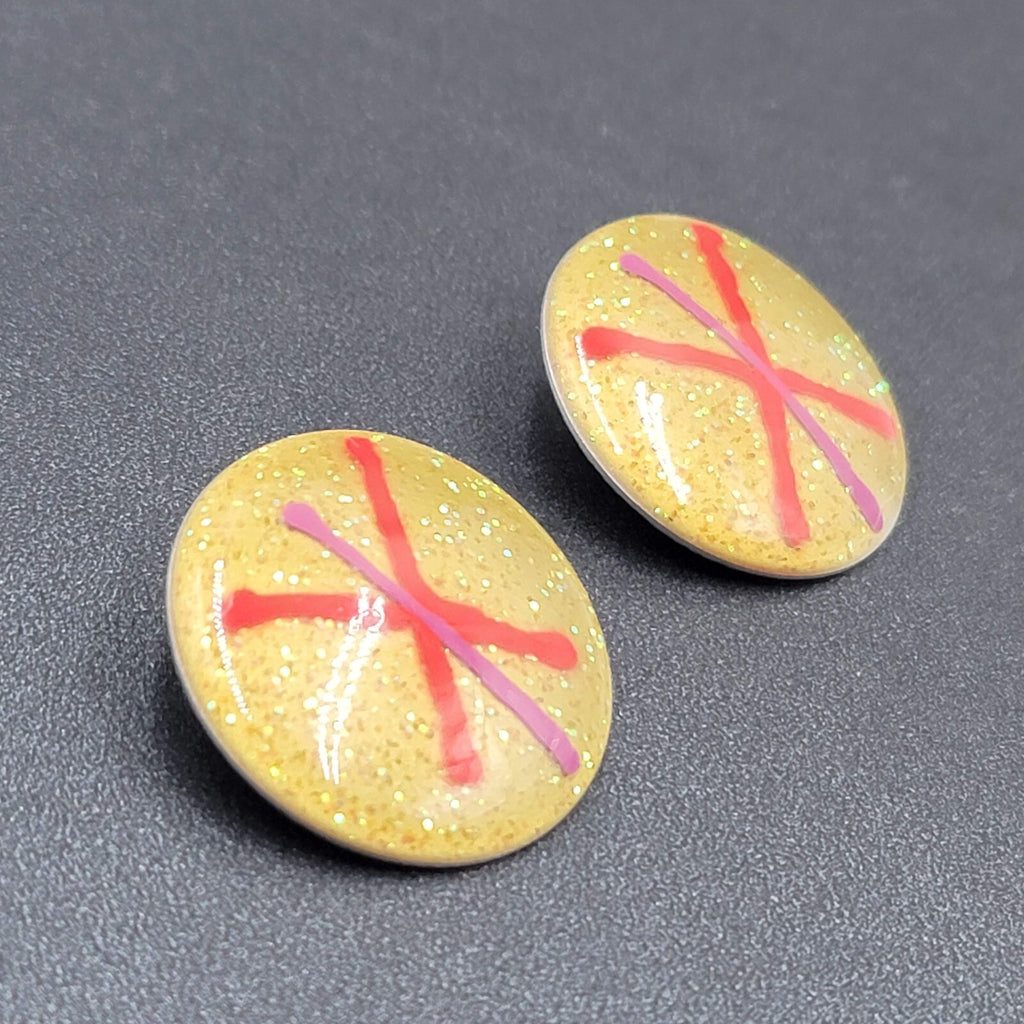 Vintage 1980s Pierced Earrings Glitter Enamel Red Purple Gold Disc Drop 1 1/8"