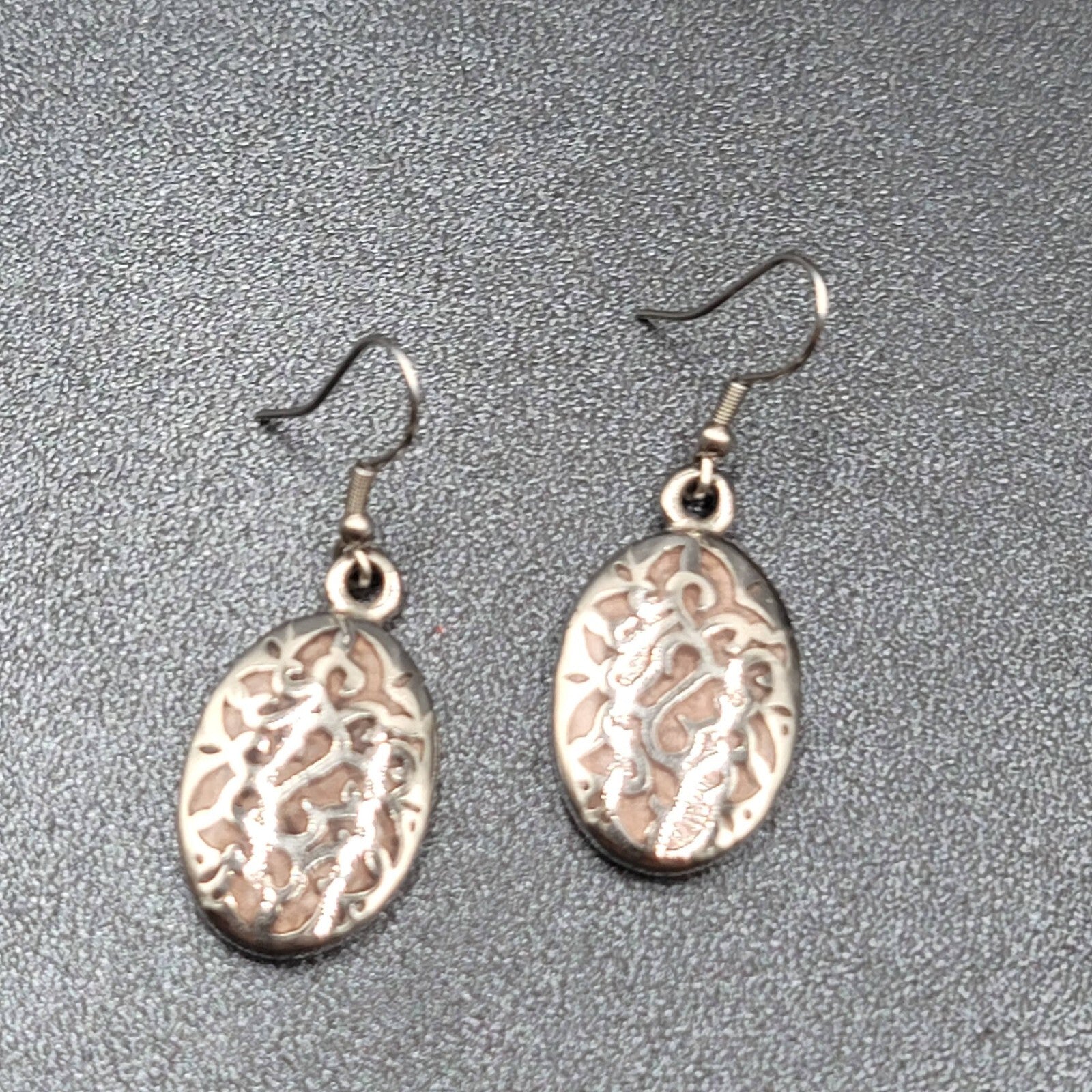 Pierced Earrings Silver tone Stainless Steel Oval Peach Enamel Dangle 1 1/8"