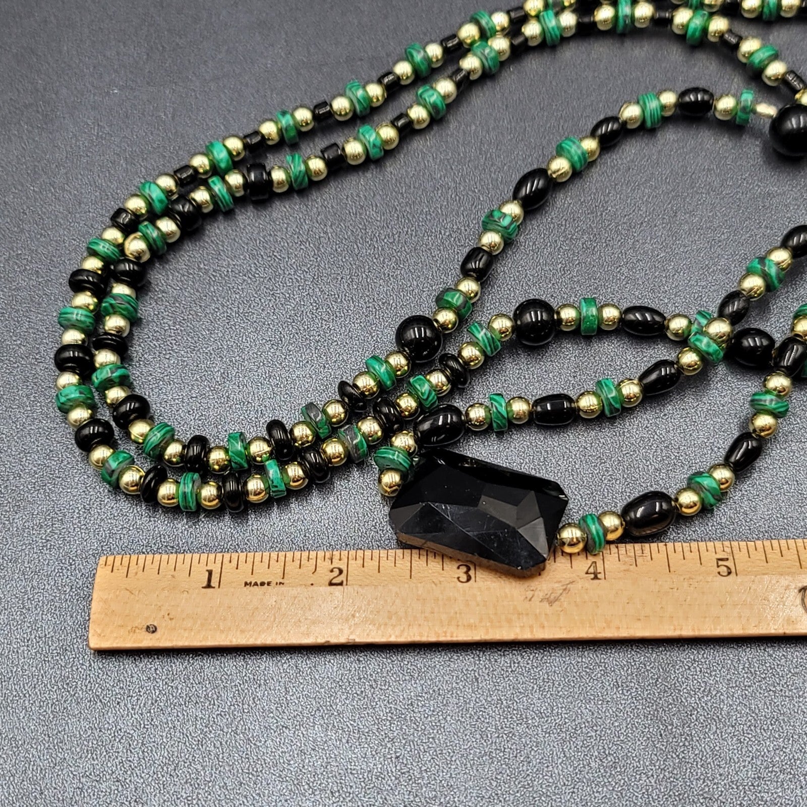 Beaded Necklace Gold tone Faux Malachite Bracelet Earrings Set Jewelry Set 52"