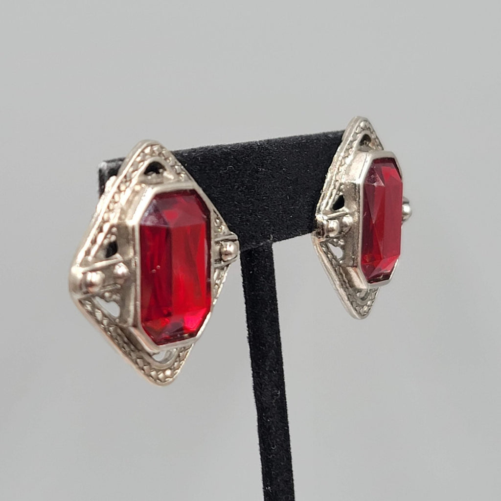 Vintage Pierced Earrings Silver tone Red Center Drop Statement 1.25"