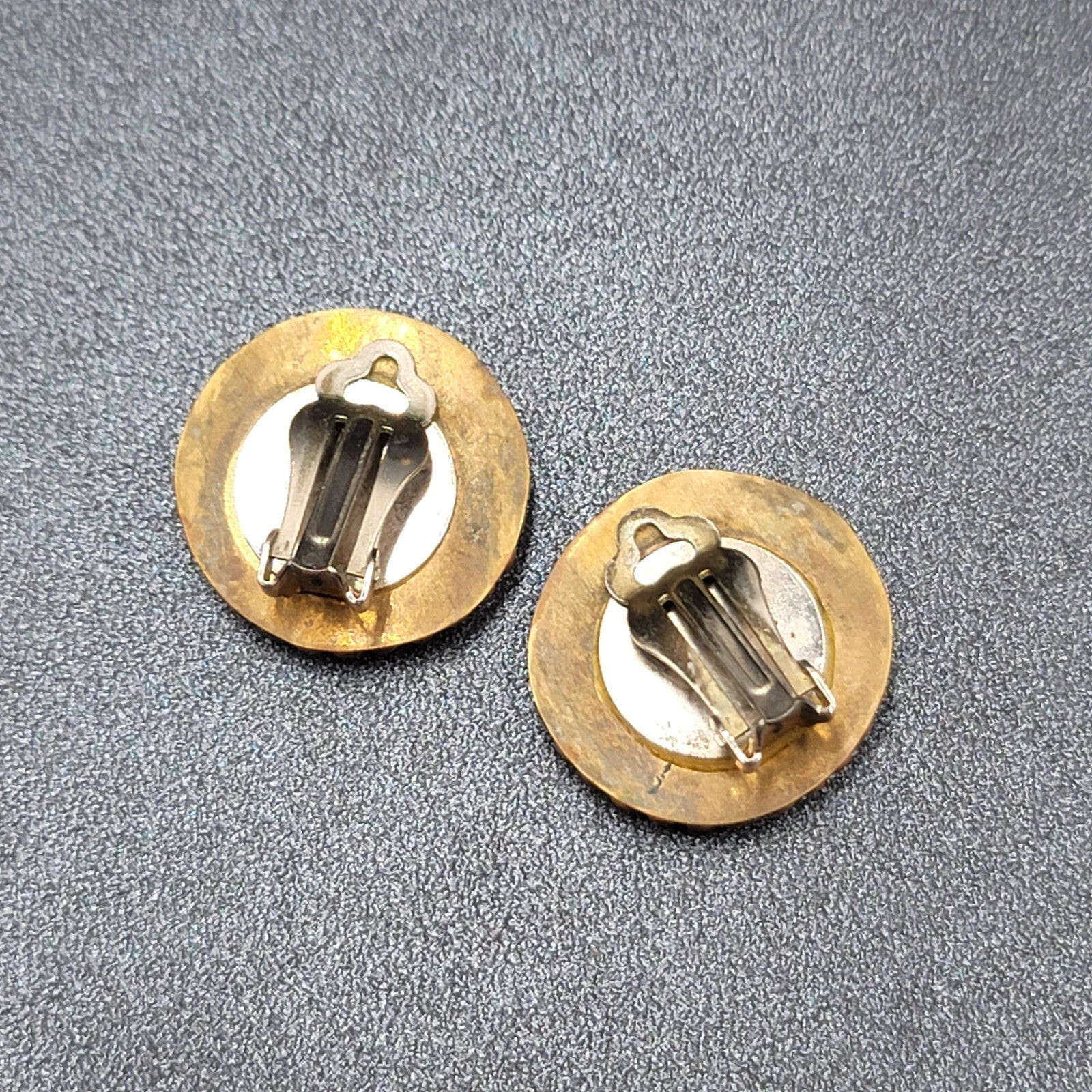 Vintage Clip on Earrings Brass Wood Stone Inlay Unique Discs  1"