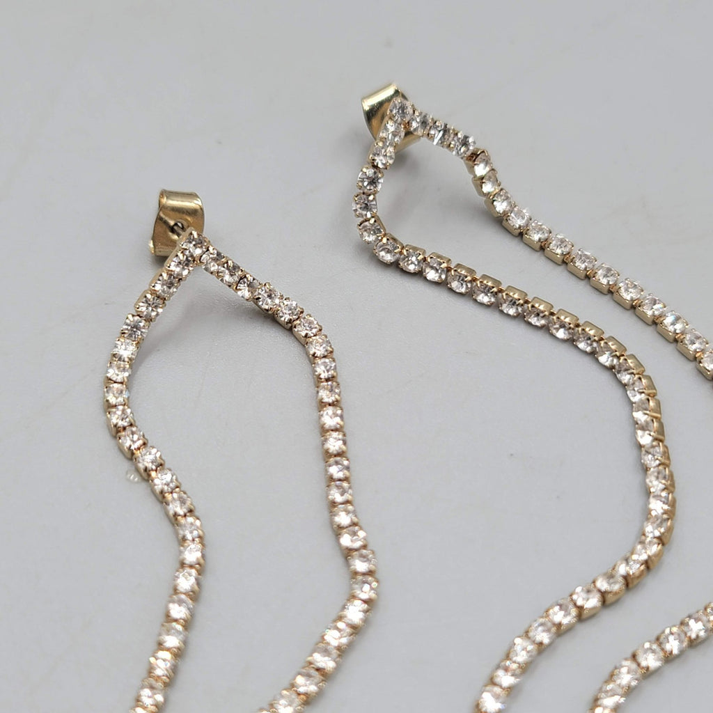 LONG Rhinestone Pierced Earrings Gold tone Dangle Prom Wedding Gala 4.75 in