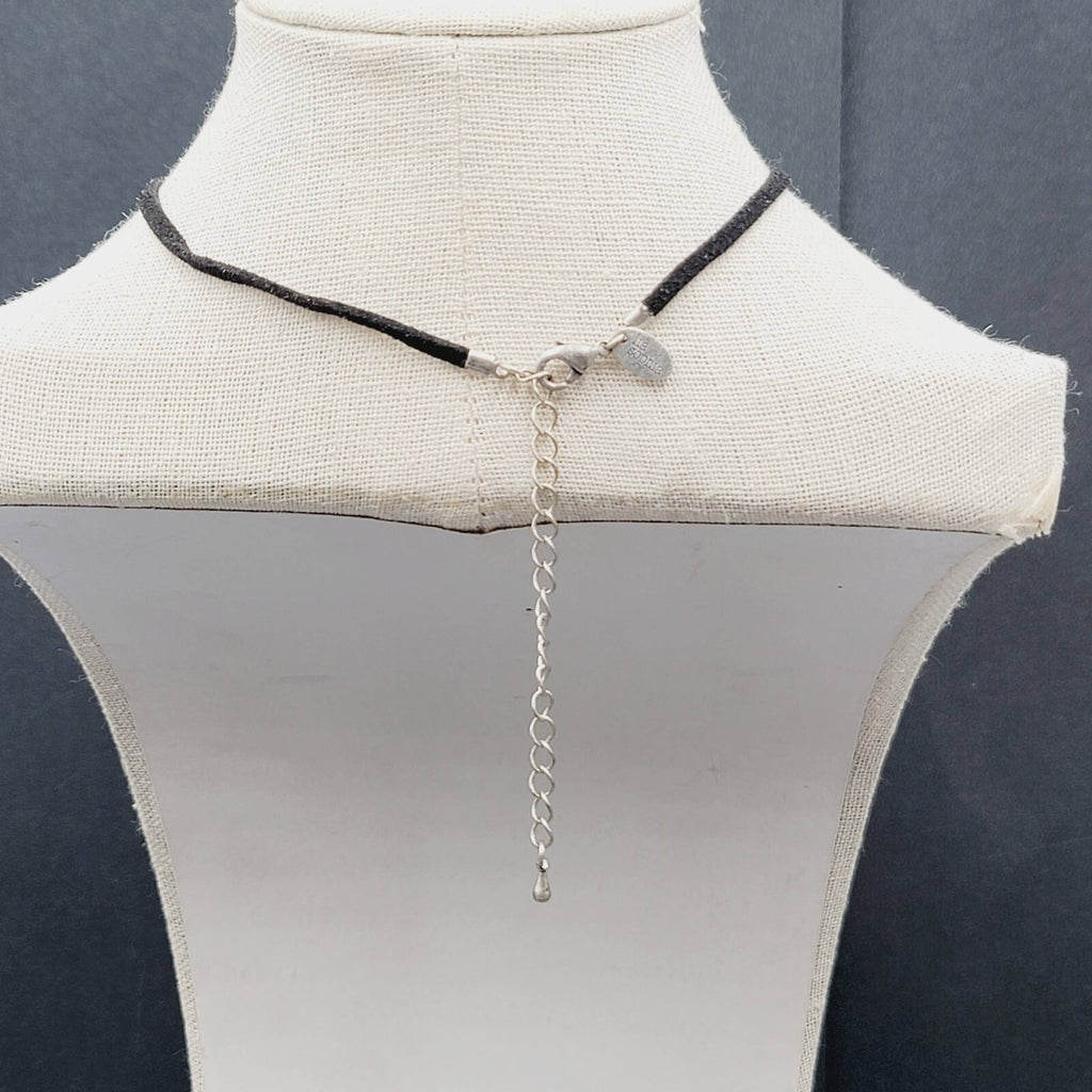 Lia Sophia Pendant Necklace Silver tone Crystal Suede Leather Cord 16"-19"