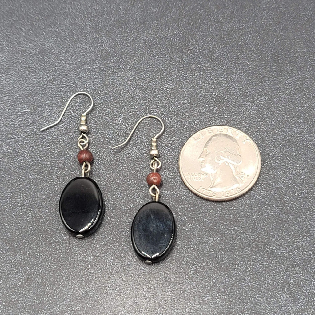 Pierced Earrings Silver tone Black Glass Oval Bead Dangle 1.25"