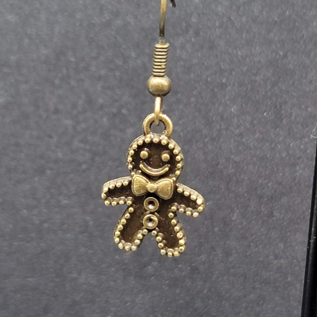 New Gingerbread Man Pierced Earrings Bronze tone Embossed Dangle 3/4" FS