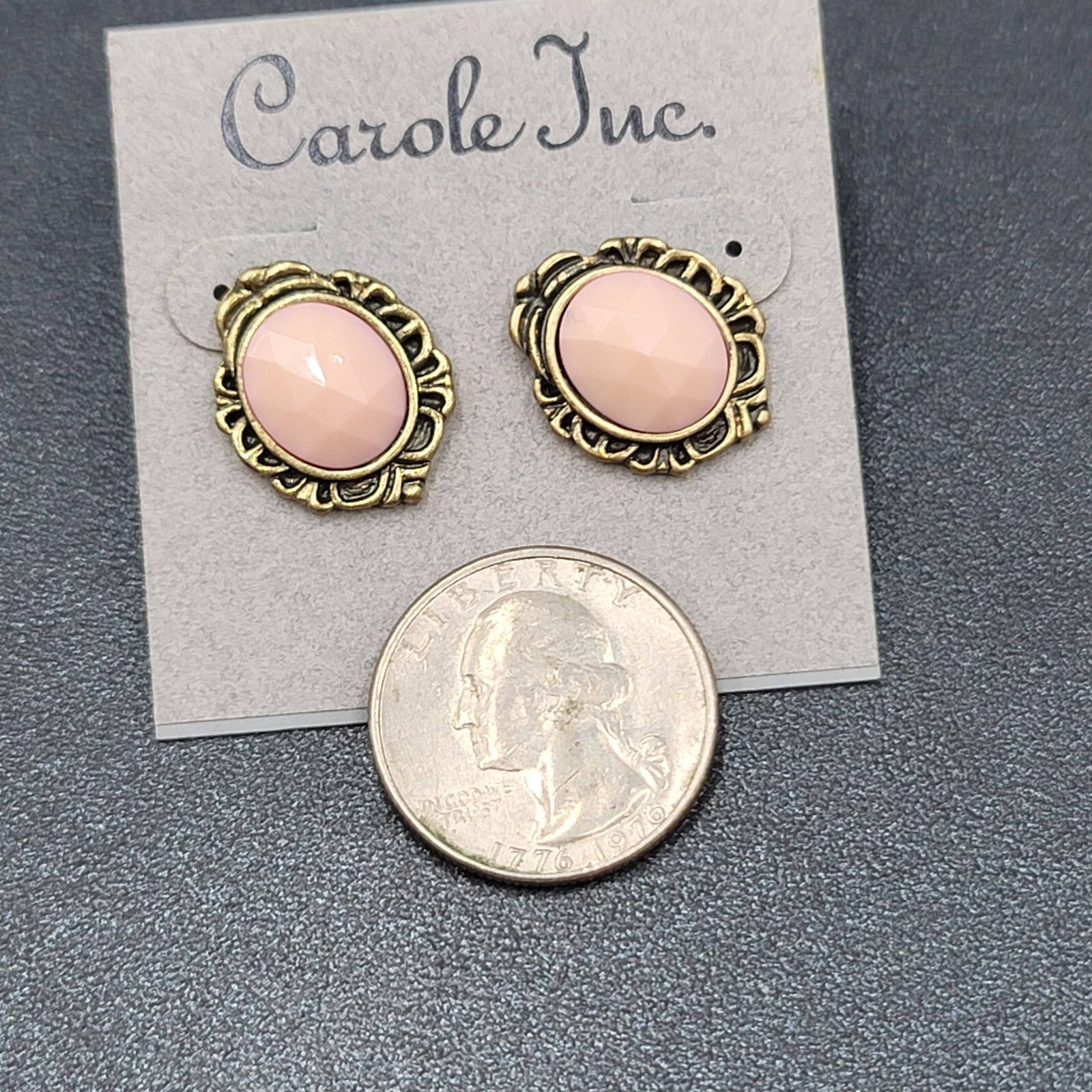 VintageCarol Inc  Pierced Earrings Gold tone Pink Faceted Oval Drop 3/4"