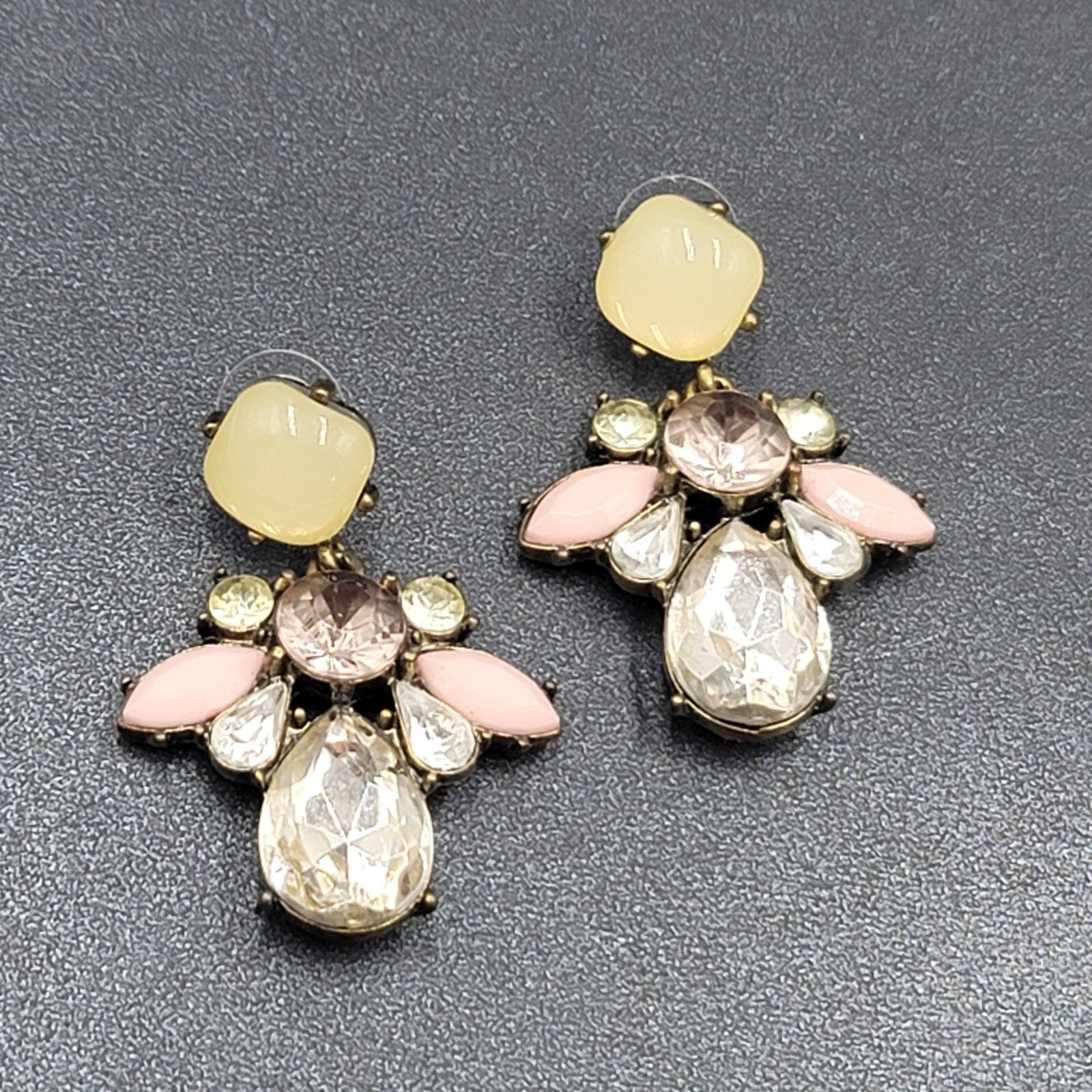 Pierced Earrings Antiqued Gold tone Multicolor Faceted Accent Acrylic 1 7/8"