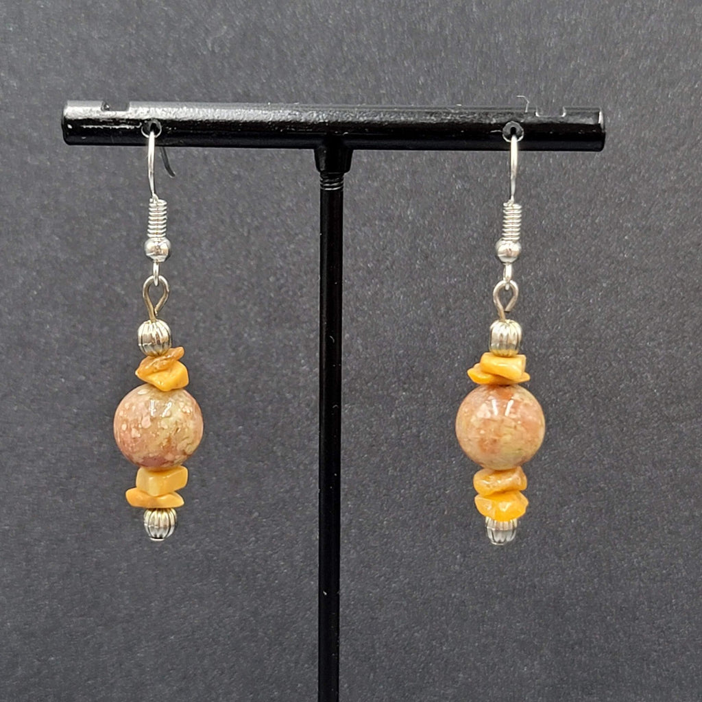 Pierced Earrings Silver tone Jasper Stone Beaded Dangle 1.25"