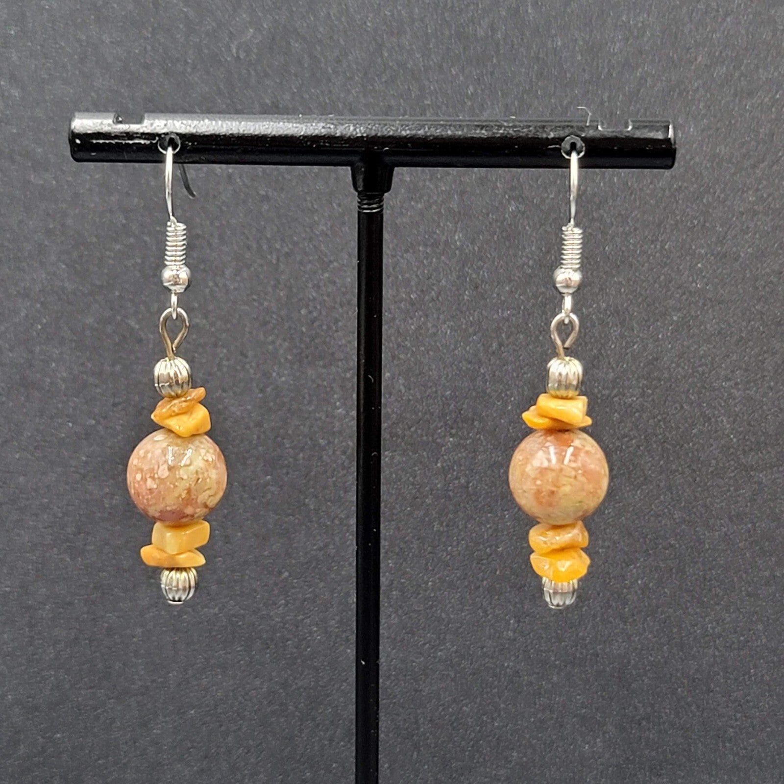 Pierced Earrings Silver tone Jasper Stone Beaded Dangle 1.25"