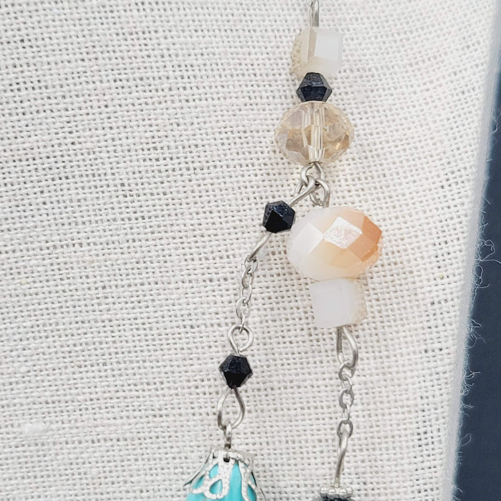 Blue Black White Stone Station Beaded Necklace Silver tone Layered  24"