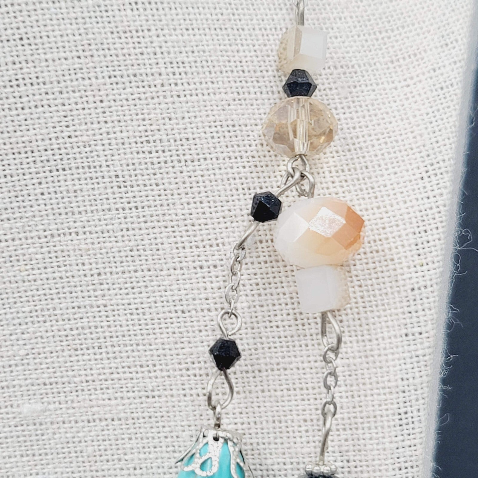 Blue Black White Stone Station Beaded Necklace Silver tone Layered  24"