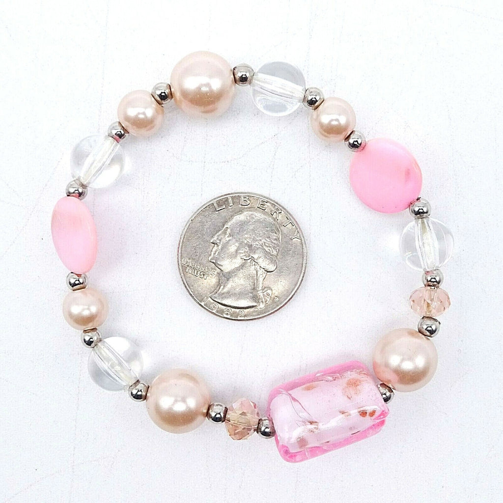 Pink Art Glass Bracelet Shell Faux Pearl Stretch Elastic Silver tone