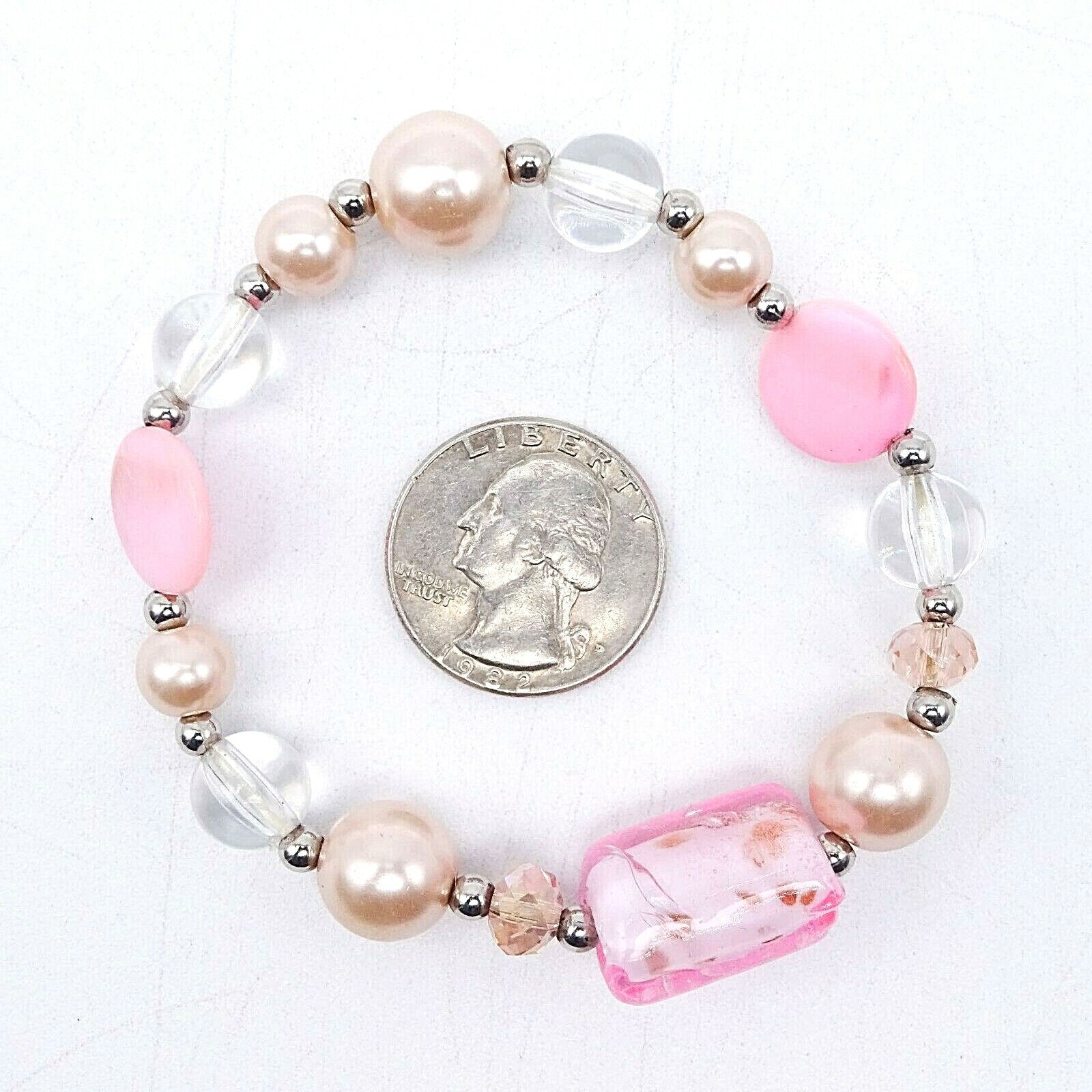 Pink Art Glass Bracelet Shell Faux Pearl Stretch Elastic Silver tone