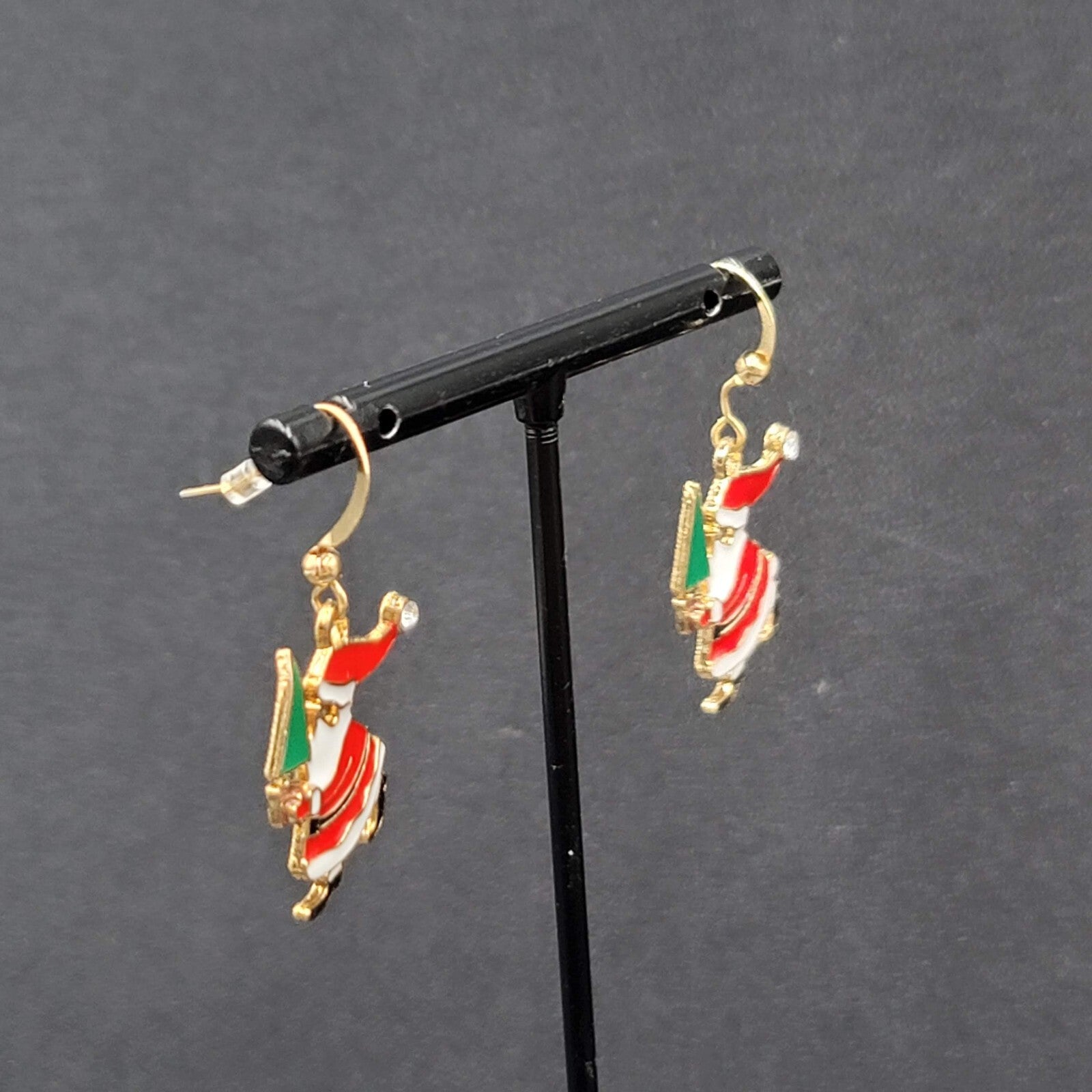 Christmas Pierced Earrings Santa Claus Gold tone Enamel Dangle 1"