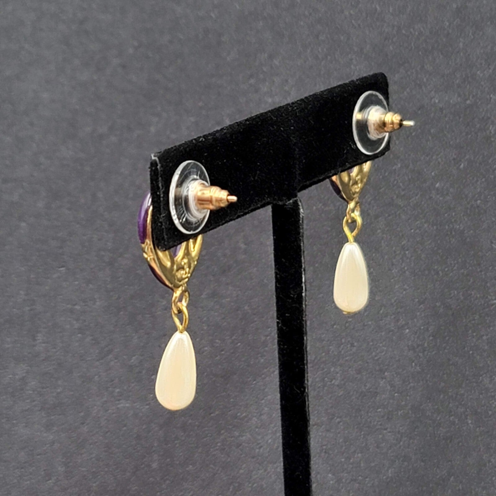 Vintage Pierced Earrings Purple Enamel Faux Pearl Teardrop Signed Dangle 1 3/8"