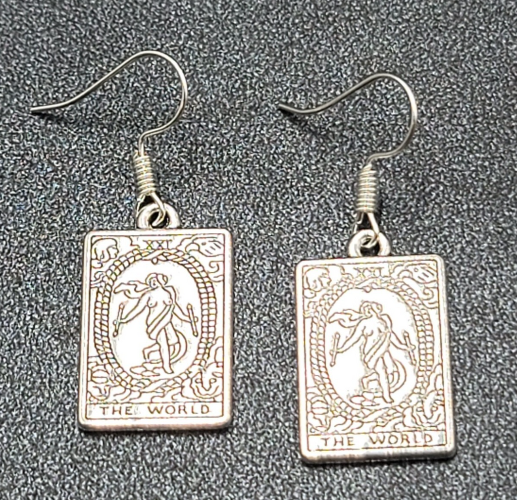 The WORLD Tarot Card Pierced Earrings Silver tone 1"