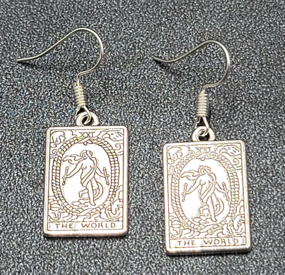 The WORLD Tarot Card Pierced Earrings Silver tone 1"
