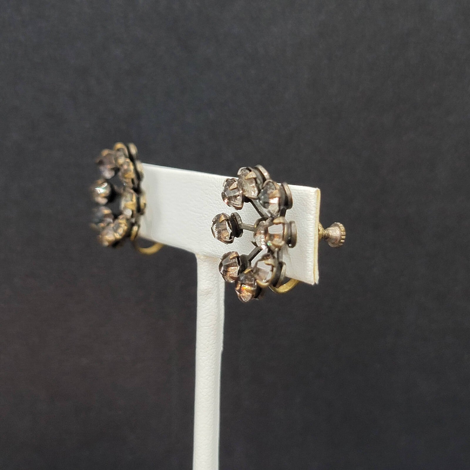 Vintage Clip on Earrings Screw Back Gray Rhinestones 3/4"