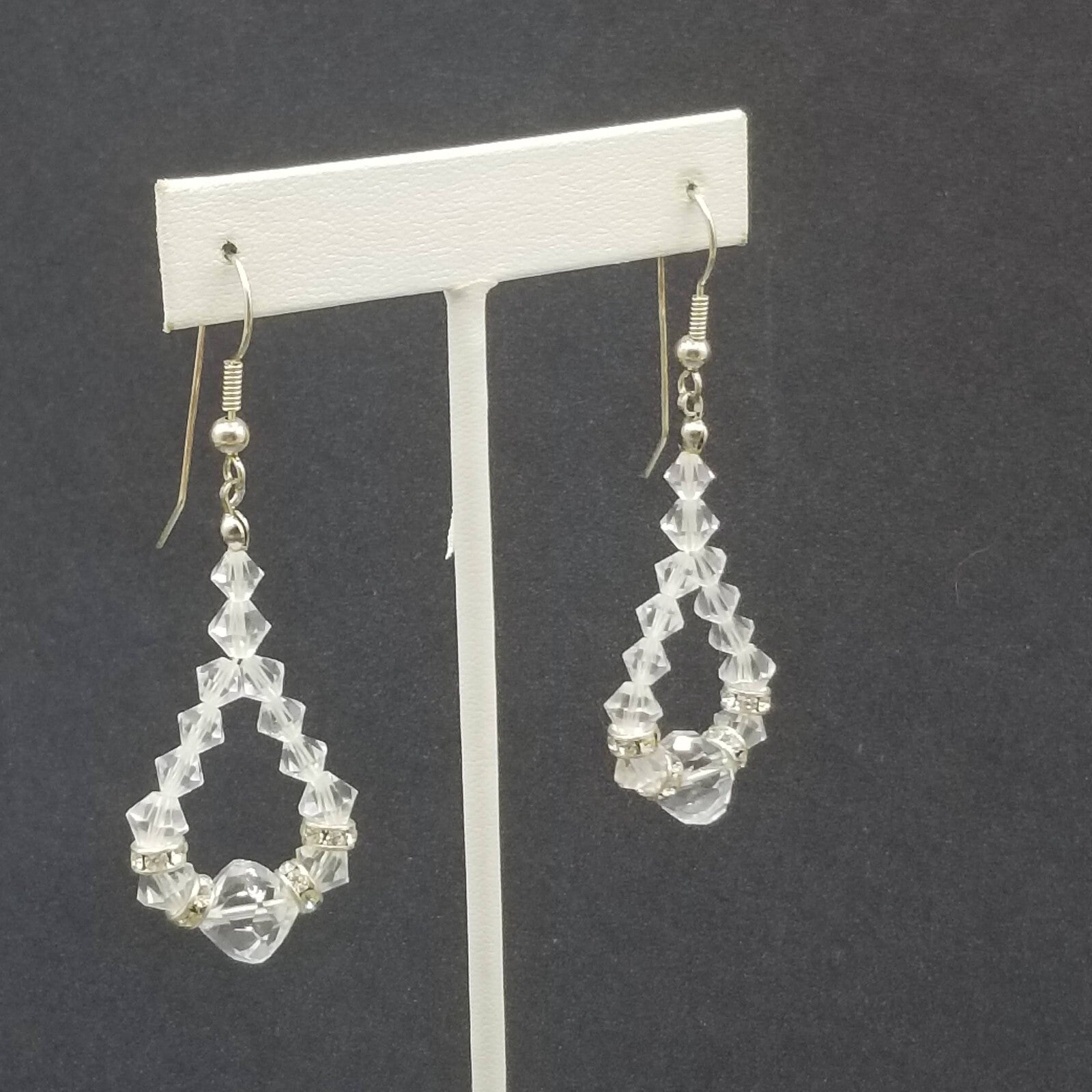 Pierced Earrings Silver tone Faceted Crystal Bead Loop Statement Dangle 1 5/8"