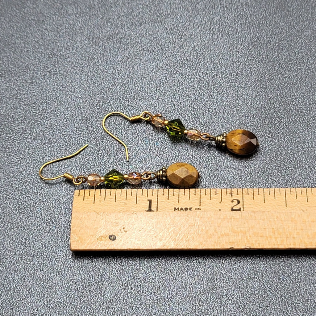 Pierced Earrings Tigers Eye Pink Green Crystal Bead 1.5"