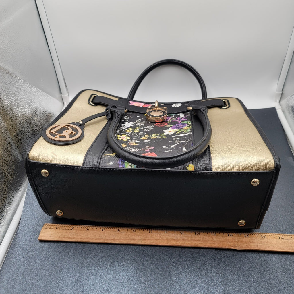 Dasein Womens Fashion Large Faux Leather Satchel Handbag Floral Black Gold tone