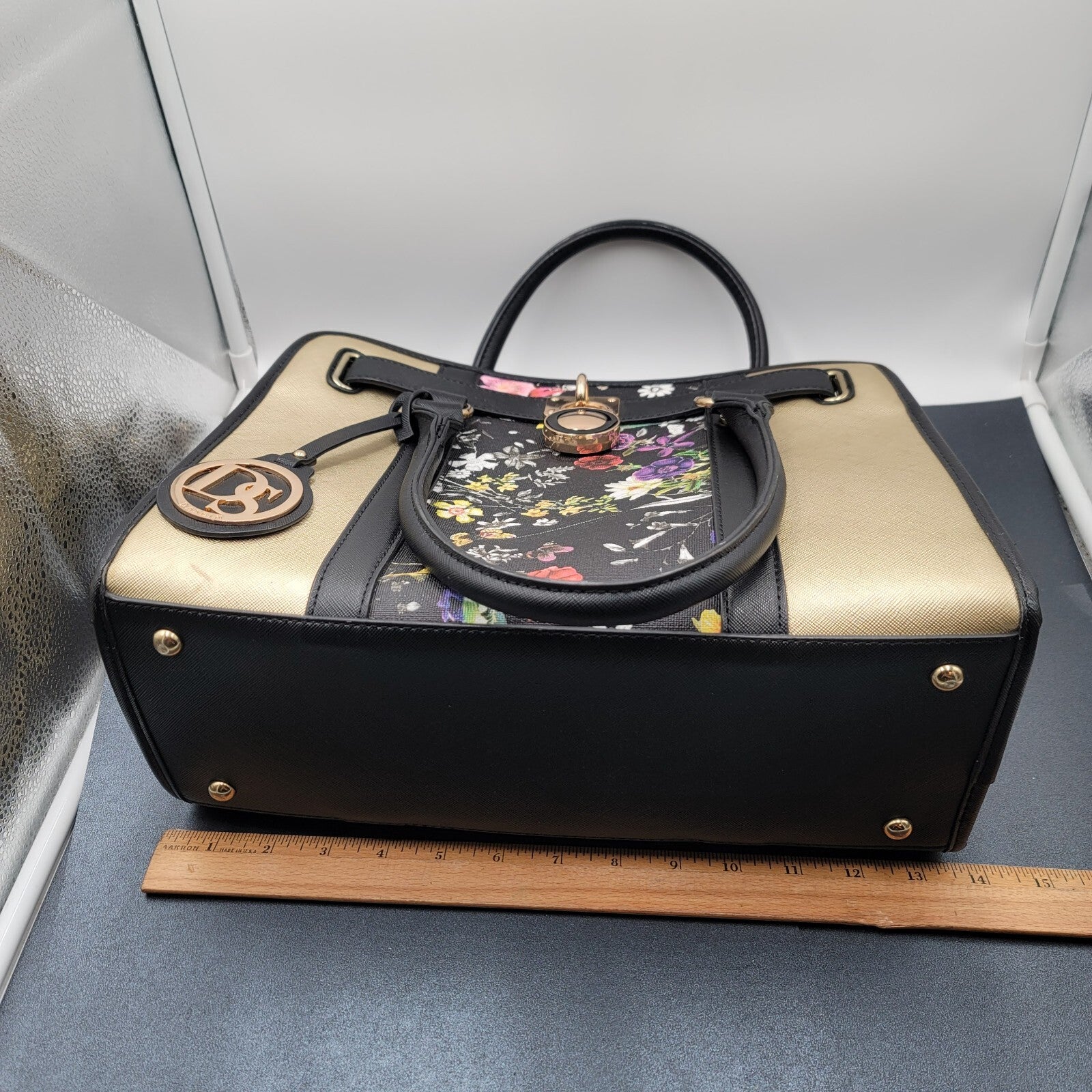 Dasein Womens Fashion Large Faux Leather Satchel Handbag Floral Black Gold tone