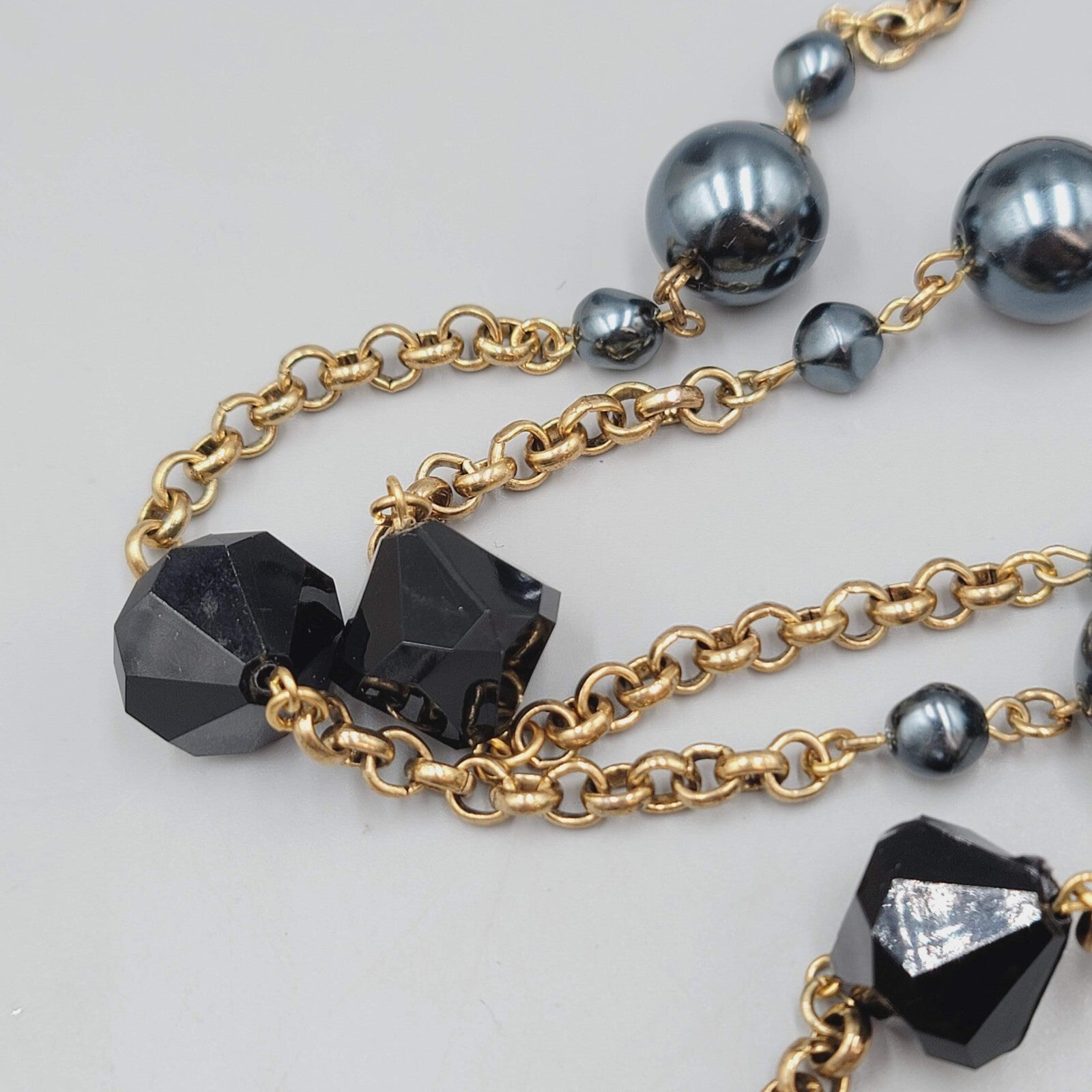 Long Rolo Chain Necklace Gold tone Black and Metallic Blue Beads 44"