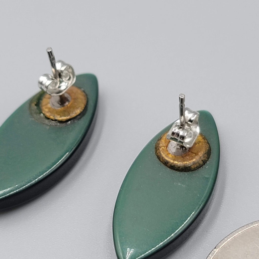 Vintage Pierced Earrings Dark Green Lucite Moonglow Drop 1"
