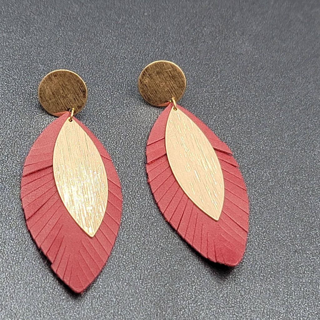 Pierced Earrings Gold tone Large Statement Red Fringe Dangle 2 7/8"