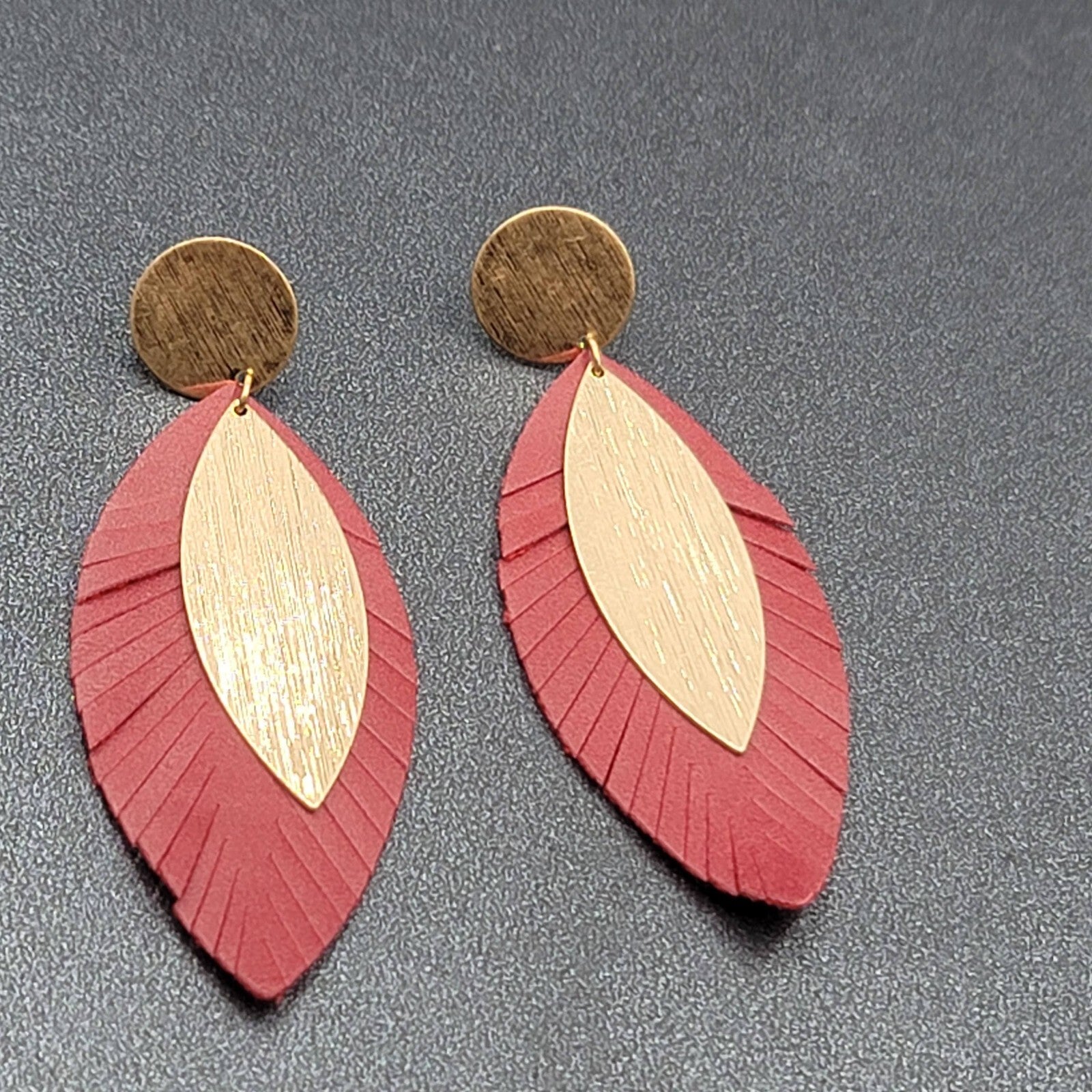 Pierced Earrings Gold tone Large Statement Red Fringe Dangle 2 7/8"