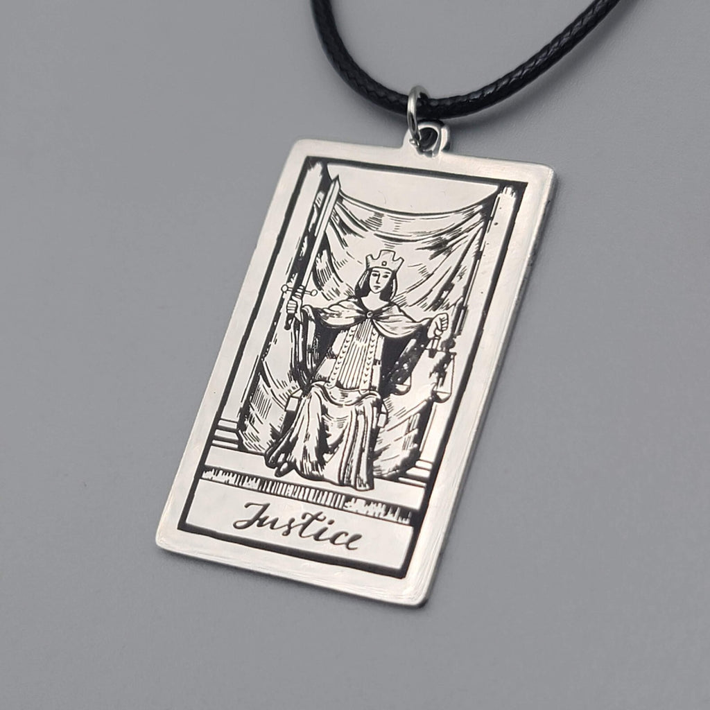 JUSTICE Tarot Card Pendant Necklace Major Arcana Silver tone Black Cord 18" Adj