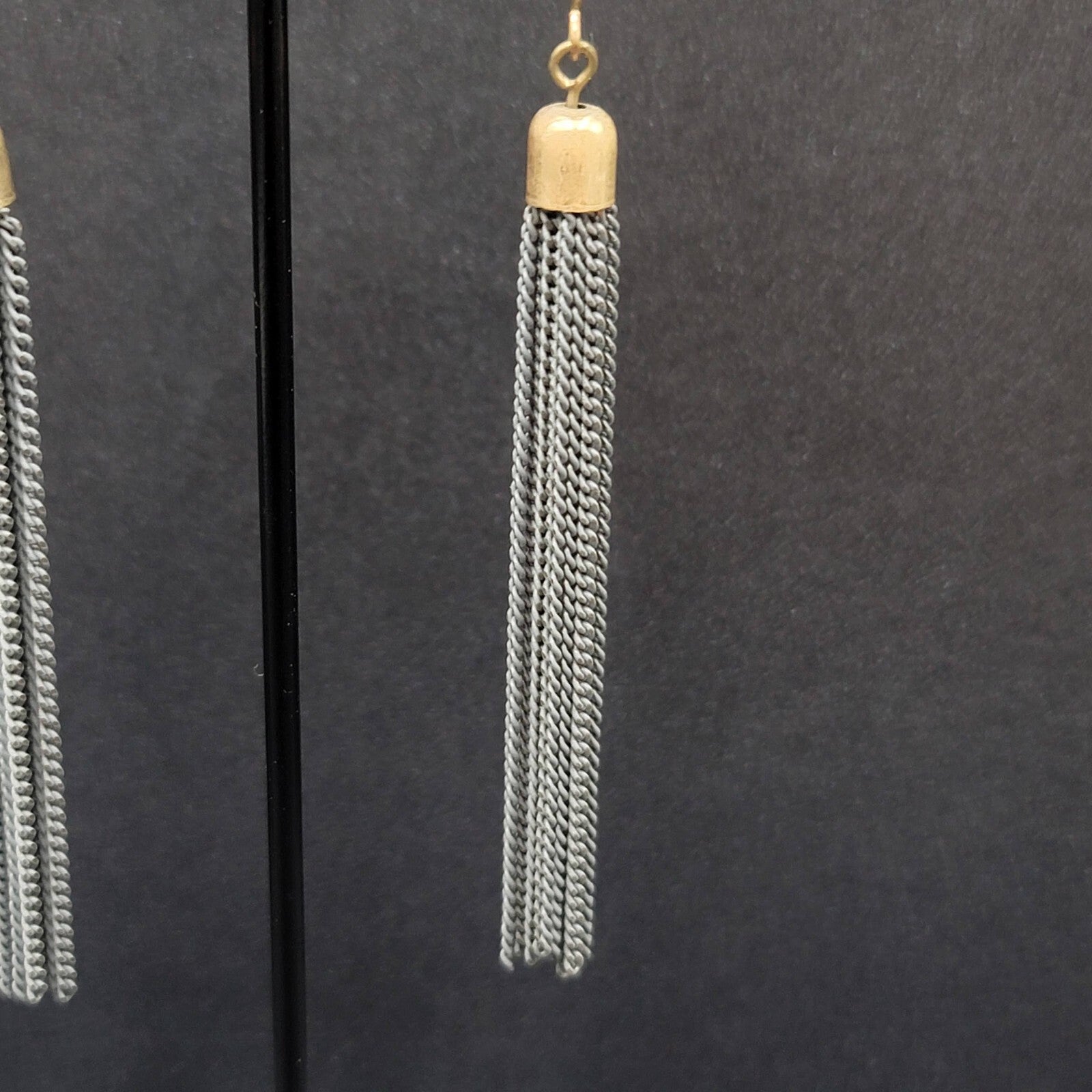 Pierced Earrings Gold tone Gray Multi Dangle Chains 2.75"