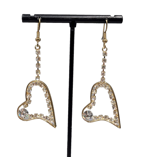 Dangle Heart Pierced Earrings Gold tone Rhinestone 2"