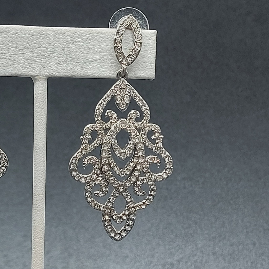 Pierced Earrings Silver tone Dangle Teardrop Crystal 2.5" Wedding Prom Statement