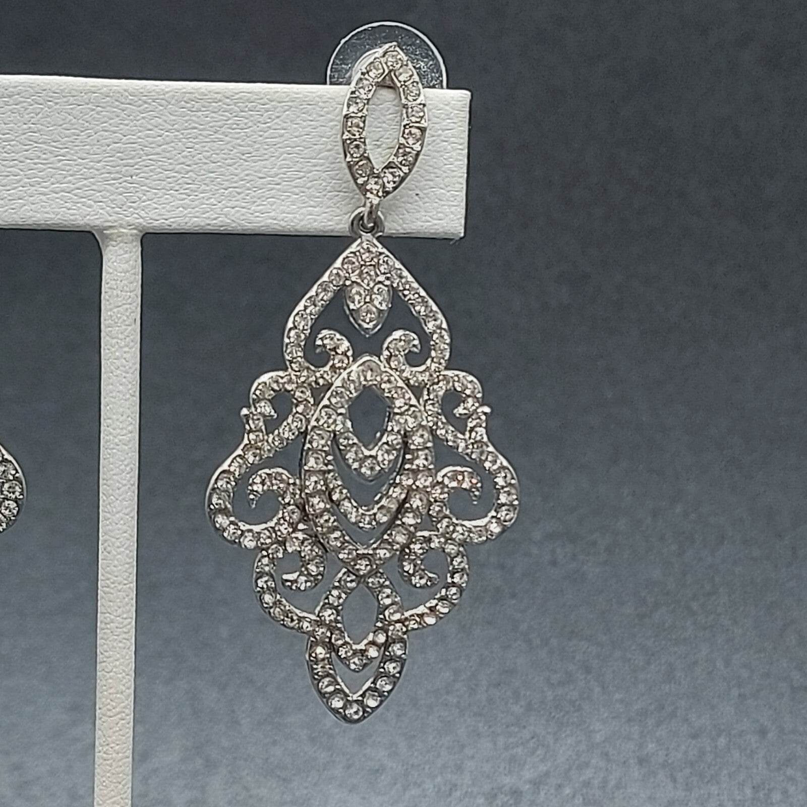Pierced Earrings Silver tone Dangle Teardrop Crystal 2.5" Wedding Prom Statement