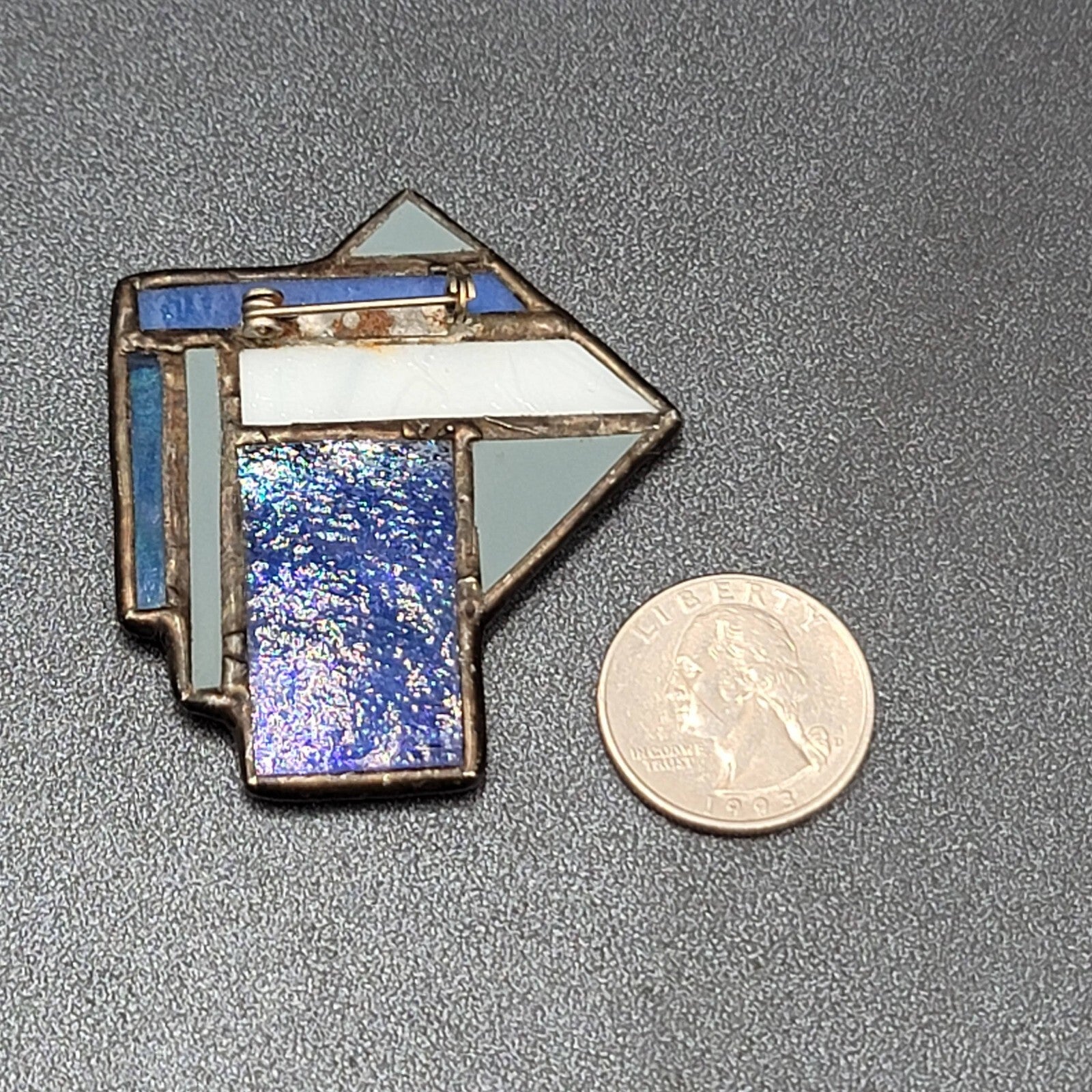 Vintage Stained Glass Brooch Mirror Abstract Lead Handmade 2.25"