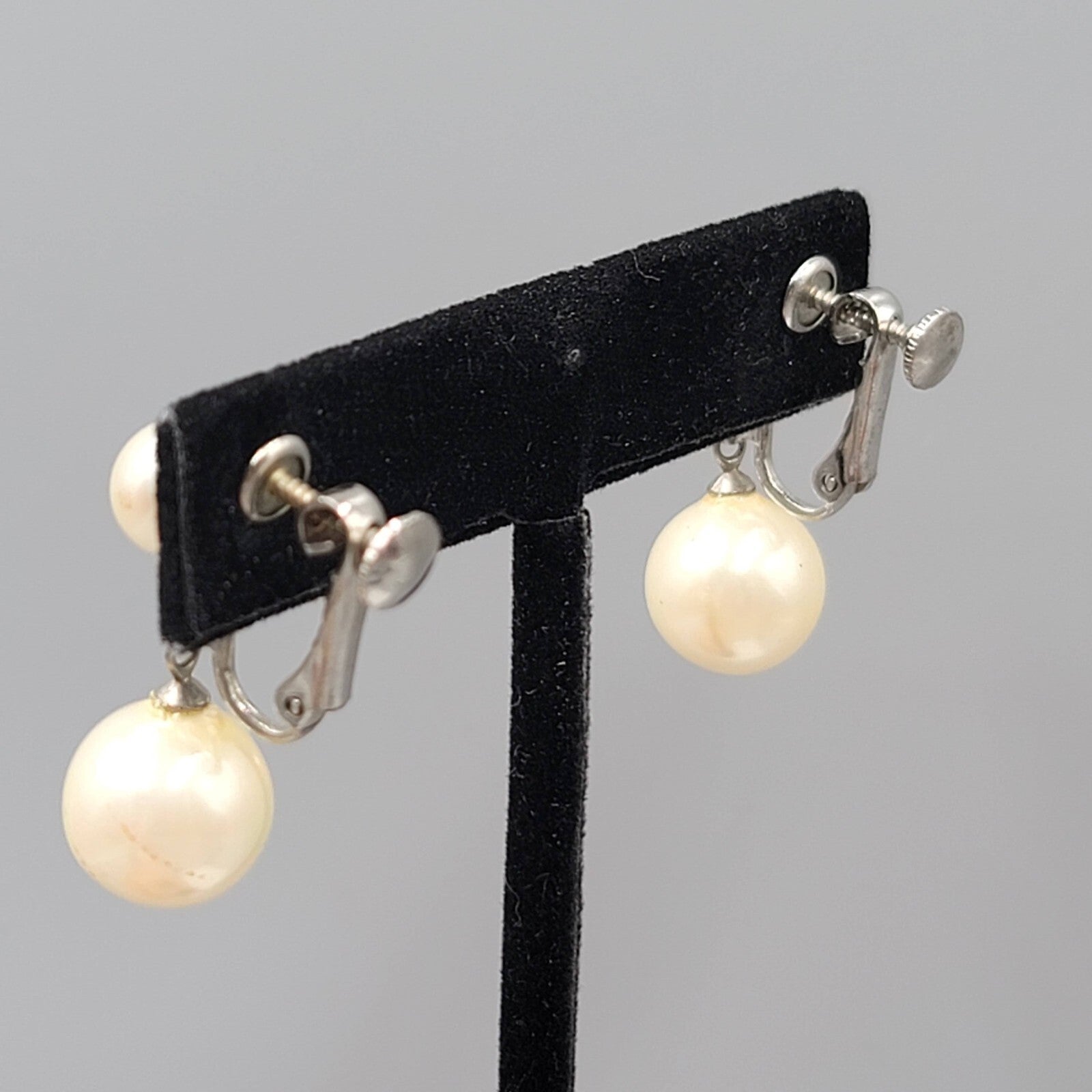 Vintage Clip on Earrings White Bead Dangle Silver tone Screw Back 1"
