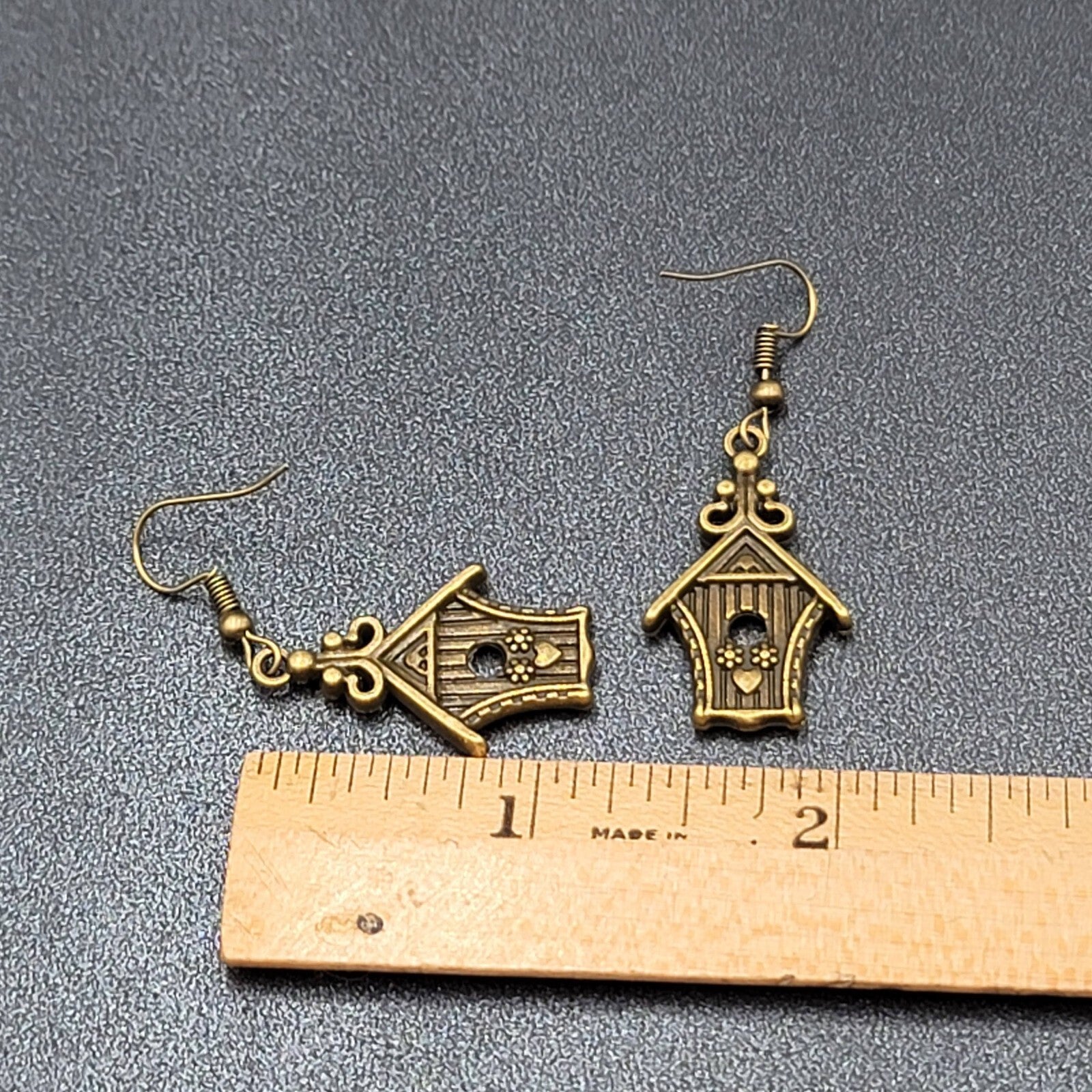 Birdhouse Pierced Earrings Bronze tone Dangle 3D Embossed 1 1/8"